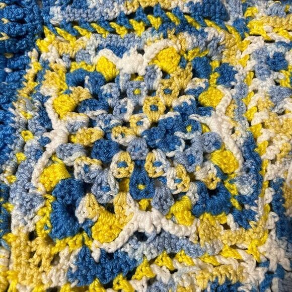 Handmade Crocheted Blanket Afghan Blue Yellow  White EUC Baby Shower Gift 💝 - Picture 8 of 11